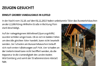 Die Polizei und die Gemeinde Ilsfeld bitten dringend um Ihre Mithilfe