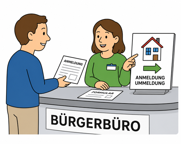 Zwei Personen am Schalter des B&uuml;rgerb&uuml;ros. Eine reicht ein Formular ein.