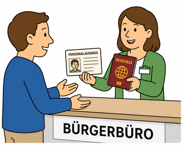 Zwei Personen am Schalter des B&uuml;rgerb&uuml;ros tauschen Ausweis und Reisepass aus.
