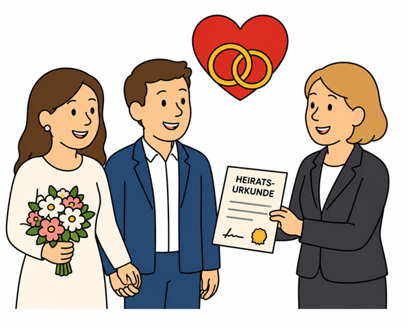 Hochzeit: Brautpaar nimmt vor einer Standesbeamtin die Heiratsurkunde entgegen.
