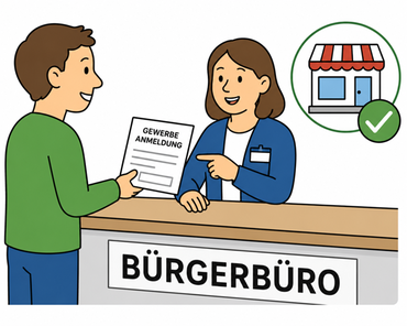 Mann übergibt Frau am Bürgertbüro Schalter Gewerbeanmeldung. Grünes Häkchen neben Gebäude-Symbol.