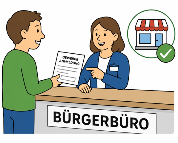 Mann &uuml;bergibt Frau am B&uuml;rgertb&uuml;ro Schalter Gewerbeanmeldung. Gr&uuml;nes H&auml;kchen neben Geb&auml;ude-Symbol.