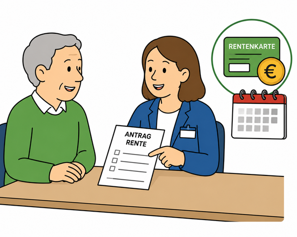 Illustration: &Auml;lterer Mann und junge Frau besprechen Rentenantrag mit Kalender und Geld.