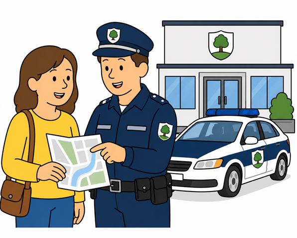 Polizist und Frau besprechen eine Karte vor einer Polizeistation mit Streifenwagen.