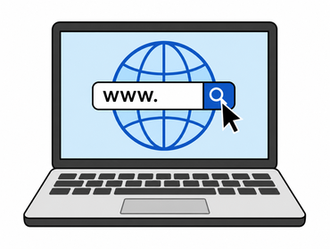 Laptop mit geöffnetem Browserfenster, Weltkugel und Suchfeld "WWW".
