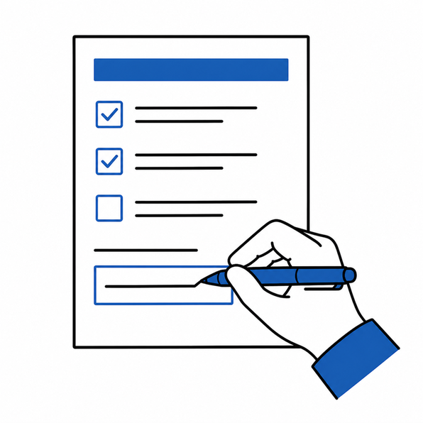 Formular mit Checkboxen und Freitextfeldern. Eine Hand bedient es mit einem Stift.