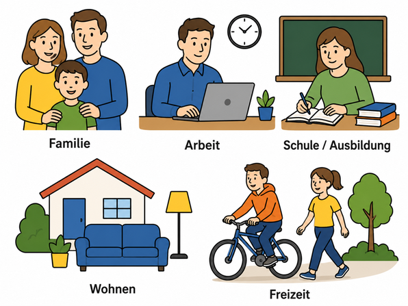 Illustration: Vier Icons zeigen Lebensbereiche &ndash; Familie, Arbeit, Schule/Ausbildung, Wohnen und Freizeit.
