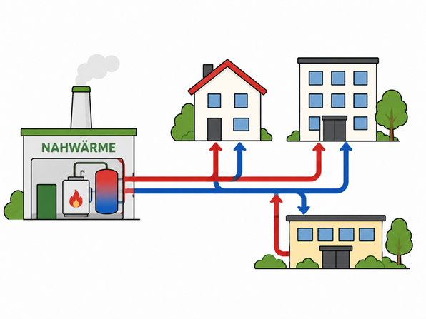 Schematische Darstellung einer Nahw&auml;rmeversorgung: Heizkessel, Geb&auml;ude und Rohrleitungen mit Pfeilen.