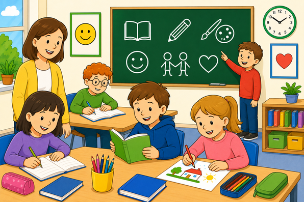 Illustration: Vier Kinder lernen mit Lehrerin im Klassenzimmer, Tafel im Hintergrund.