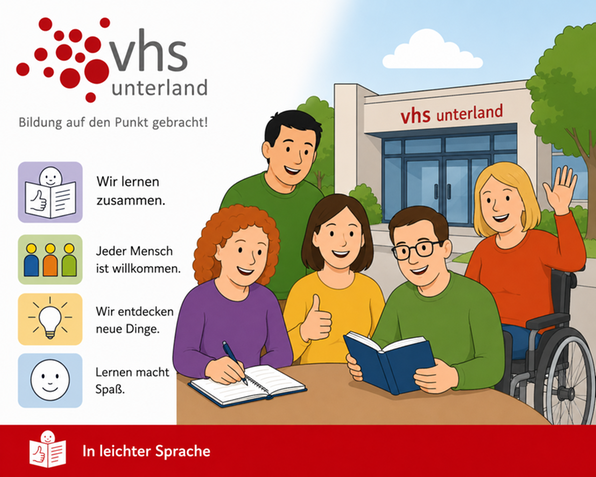 Illustration: Gruppe von Menschen vor einem vhs-Geb&auml;ude, Lernsymbole im Vordergrund.