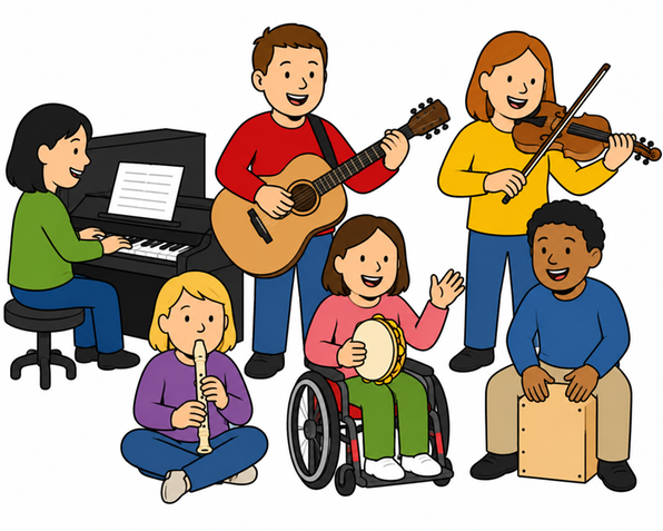Gruppe von Kindern spielt verschiedene Musikinstrumente: Klavier, Gitarre, Violine, Fl&ouml;te, Tamburin und Trommel.