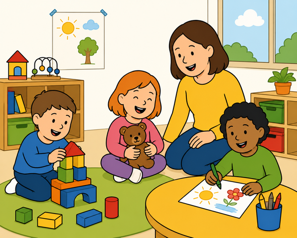 Erzieherin sitzt mit drei Kindern im Kreis, spielen und malen.