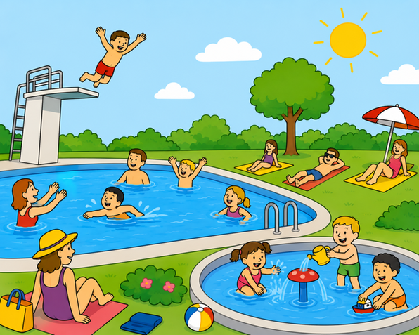 Schwimmbad mit springendem Jungen, Badenden und sonnenden Personen.