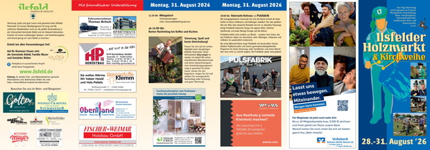 Ilsfeld Holzmarkt & Kirchweih-Flyer, 28.-31. August 2026, Programm&uuml;bersicht mit Kontaktdaten.