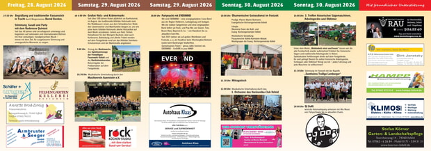 Veranstaltungskalender f&uuml;r die Woche vom 26. bis 30. August 2026 mit verschiedenen lokalen Events und Angeboten.