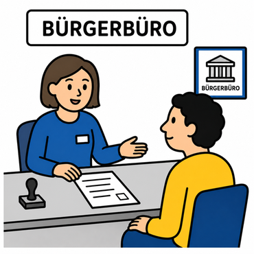Bürgerbüro: Mitarbeiterin berät Bürger an einem Schreibtisch, Stempel und Formular sichtbar.