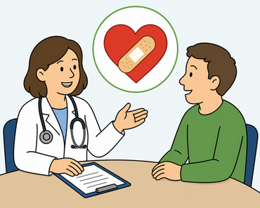 Ärztin mit Patient. Herzsymbol mit Pflaster in Sprechblase. Illustration.